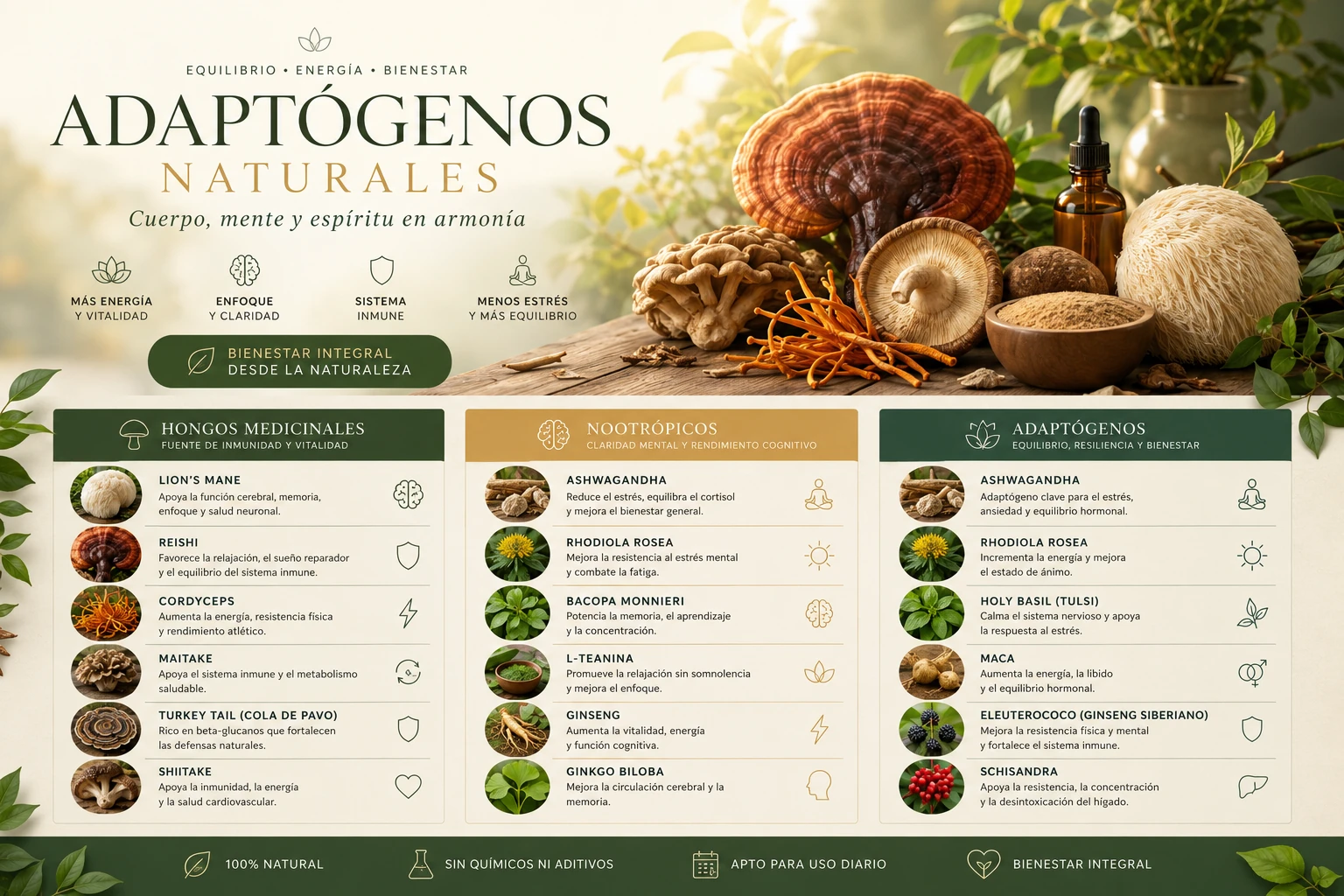 Infografía completa de adaptógenos, hongos medicinales y nootrópicos