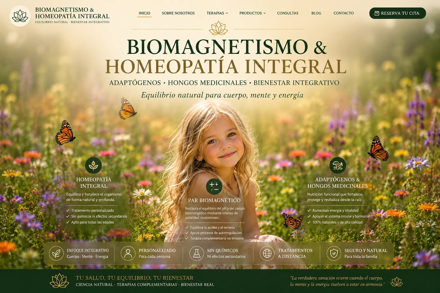 Portada Biomagnetismo y Homeopatía Integral con campo de flores, naturaleza, bienestar y tratamientos integrativos