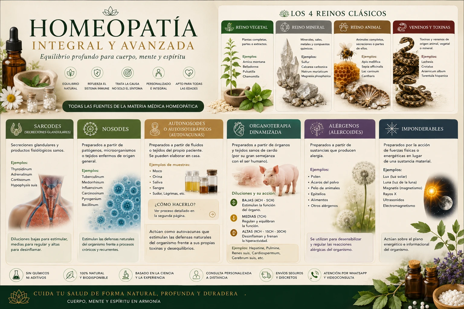 Infografía completa de homeopatía integral avanzada con reinos, nosodes, sarcodes y organoterapia